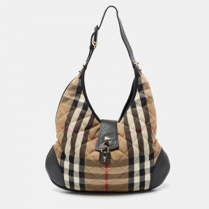 Pre Owned Burberry Black/Beige House Check Canvas and Leather Brook Hobo