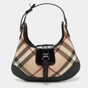 مملوكة مسبقًا Burberry Black/Beige Nova Check PVC and Patent Leather Mini Brooke Hobo