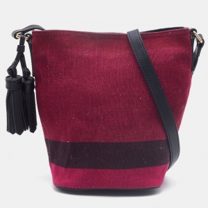 Pre Owned Burberry Maroon/Black Canvas and Leather Tassel Ashby Bucket Bag