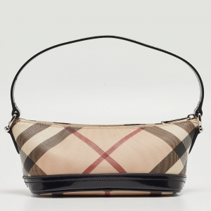 Pre Owned Burberry Black/Beige Nova Check Coated Canvas and Patent Leather Boat Baguette Bag