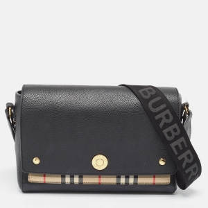 مملوكة مسبقًا Burberry Black/Beige Leather and House Check Fabric Note Shoulder Bag