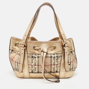 Burberry Gold/Beige Haymarket Check Laser Cut Coated Canvas and Leather Drawstring Tote