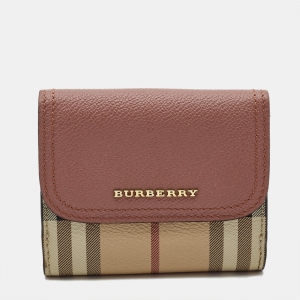 Burberry Pink/Beige House Check Coated Canvas and Leather Luna French Wallet