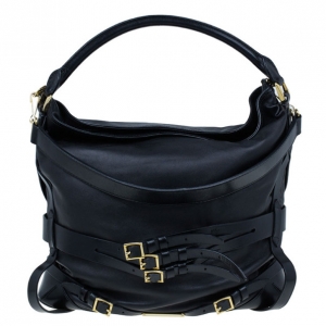 Pre Owned Burberry Black Lambskin Leather Belted Hobo