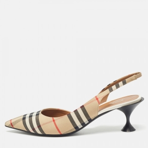 Burberry Beige Vintage Check Fabric Leticia Slingback Pumps Size 40