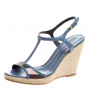 Burberry Blue Leather and Novacheck Canvas T Strap Espadrille Wedges Size 39