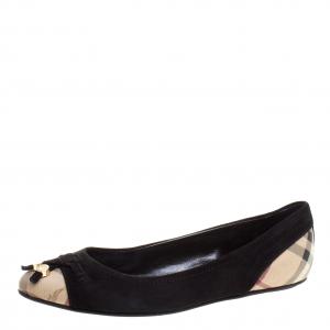 Pre Owned Burberry Black Suede Nova Check Canvas Cap Toe Bow Ballet Flats Size 36