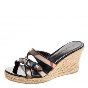 Burberry Black Patent Leather and Nova Check Canvas Espadrille Wedge Sandals Size 37