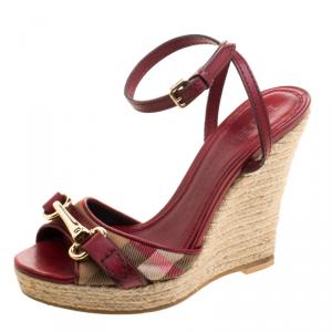 Burberry Nova Check Canvas and Leather Ankle Strap Espadrille Wedges Size 36