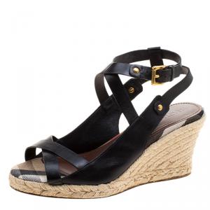 Burberry Black Leather Nova Check Espadrilles Wedge Slingback Sandals Size 39