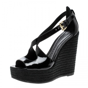 Burberry Black Patent Leather Abbott Wedge Espadrilles Sandals Size 36.5