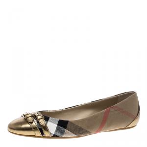 Pre Owned Burberry Beige/Gold House Check Fabric and Leather Bridle Avonwick Ballet Flats Size 40