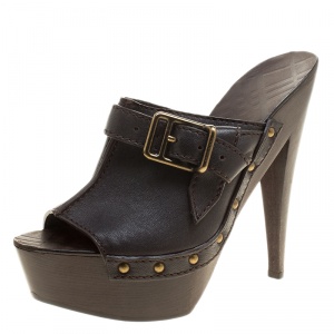 Burberry Dark Brown Leather Wooden Platform Peep Toe Slides Size 40