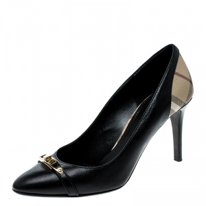 مملوكة مسبقًا  Burberry Black Leather And Novacheck Canvas Balmore Pumps Size 38