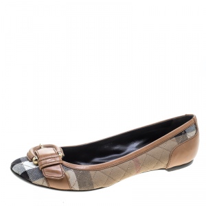 Pre Owned Burberry Beige Quilted Novacheck Canvas and Leather Buckle Detail Ballet Flats Size 39