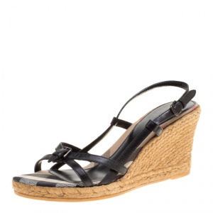 Burberry Black Leather Slingback Espadrille Wedge Sandals Size 39