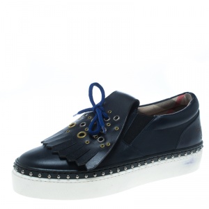 Pre Owned Burberry Navy Blue Leather Kiltie Fringe Slip On Sneakers Size 37