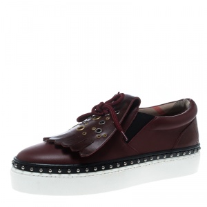 Pre Owned Burberry Burgundy Leather Kiltie Fringe Slip On Sneakers Size 37