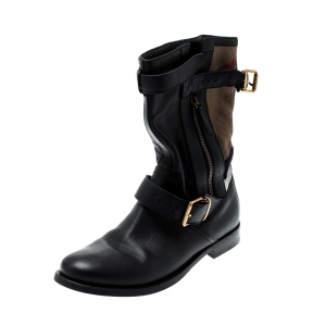 Pre Owned Burberry Black Leather And Super Nova Check Canvas Grantville Mid Calf Boots Size 37.5