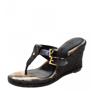 Burberry Black Leather And Novacheck Canvas Wedge Espadrille Sandals Size 37.5