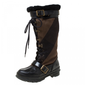 Pre Owned Burberry Black Leather And Brown Mega Check Canvas Lace Up Fur Lined High Weather Boots Size 36