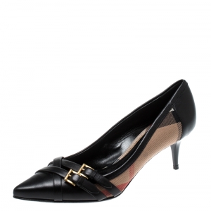 Pre Owned Burberry Black Nova Check Canvas and Leather Buckle Pointed Toe Pumps Size 38