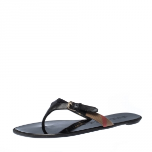 Pre Owned Burberry Black Leather and Canvas Masie Belted Check Thong Sandals Size 37