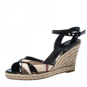 Burberry Black Patent Leather And Novacheck Canvas Espadrille Wedge Sandals Size 36.5