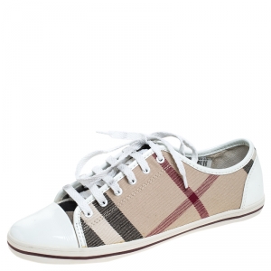 مملوكة مسبقًا Burberry Beige Nova Check Canvas And White Patent Leather Cap Toe Lace Up Sneakers Size 39