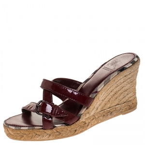 Burberry Red Patent Leather Espadrille Wedge Strappy Sandals Size 37