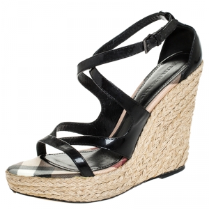 Burberry Black Leather Cross Strap Espadrille Wedge Sandals Size 40