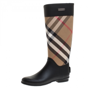 Pre Owned Burberry Black/Beige House Check Fabric And Rubber Clemence Rain Boots Size 37