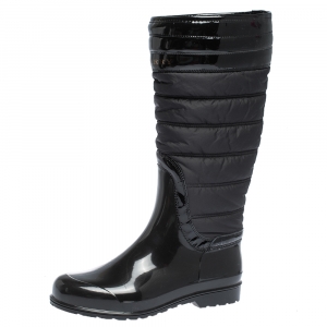 Pre Owned Burberry Black Rubber And Patent Wellington Rain Boots Size 41