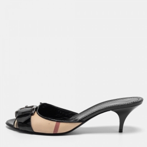 Burberry Black/Beige Coated Canvas and Leather Buckle Slide Sandals Size 40