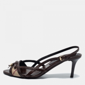 Burberry Brown/Beige Leather and Coated Canvas Ankle Strap Sandals Size 36