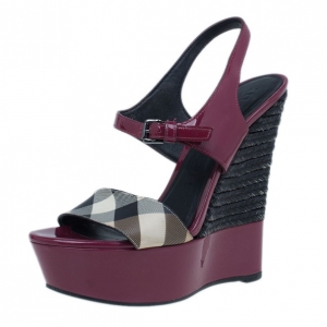 Pre Owned Burberry Burgundy Patent and Canvas Platform Espadrille Wedge Sandals Size 35.5