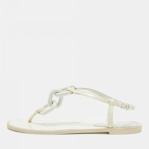 Burberry Patent Leather White Thong Slingback Sandals Size 38.5