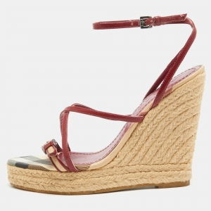 Burberry Red/Beige Patent Leather and House Check Canvas Tenbury Wedge Platform Sandals Size 37