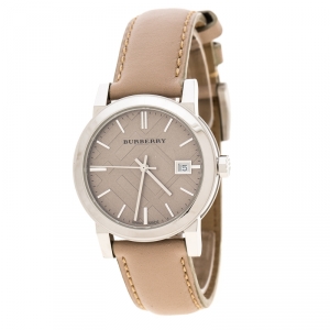 Pre Owned Burberry Beige Check Dial Stainless Steel BU9107 Women's Wristwatch 34 mm
