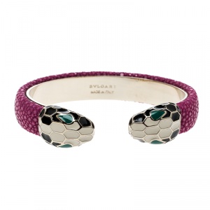 Bvlgari Serpenti Forever Enamel & Pink Galuchat Leather Gold Plated Open Cuff Bracelet 