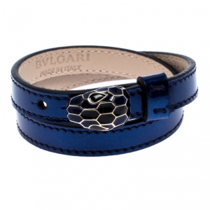 Bvlgari Serpenti Forever Enamel Metallic Blue Leather Gold Plated Double Coiled Bracelet