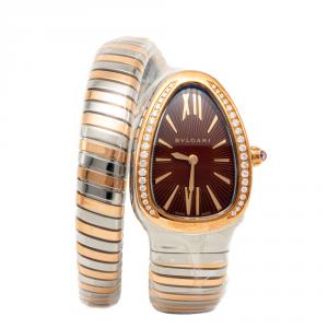 Bvlgari Brown Dial Serpenti Tubogas Steel & Rose Gold Diamond Bezel Women's Watch