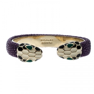 Bvlgari Serpenti Forever Enamel & Violet Galuchat Leather Gold Plated Open Cuff Bracelet 15cm