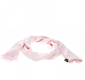 Bvlgari Pink Silk and Wool Fringed Edge Logomania Scarf 