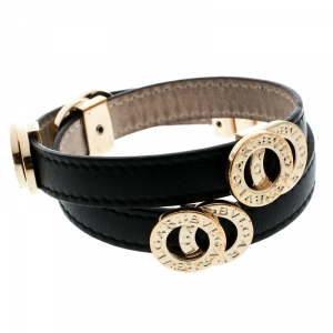 Bvlgari Black Leather Gold Tone Double Coiled Wrap Bracelet