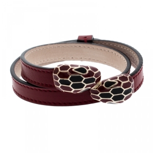 Bvlgari Serpenti Forever Enamel Deep Red Double Coiled Leather Gold Plated Bracelet 15 cm
