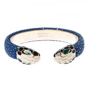 Bvlgari Serpenti Forever Enamel Blue Galuchat Leather Gold Plated Open Cuff Bracelet 
