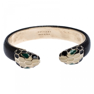 Bvlgari Black Serpenti Forever Enamel Leather Gold Tone Open Cuff Bracelet 
