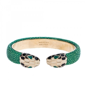 Bvlgari Serpenti Forever Enamel Green Galuchat Leather Gold Plated Open Cuff Bracelet 