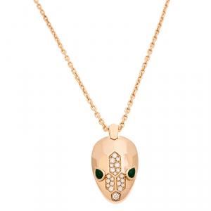 Bvlgari Serpenti Malachite Pave Diamonds 18k Rose Gold Pendant Necklace